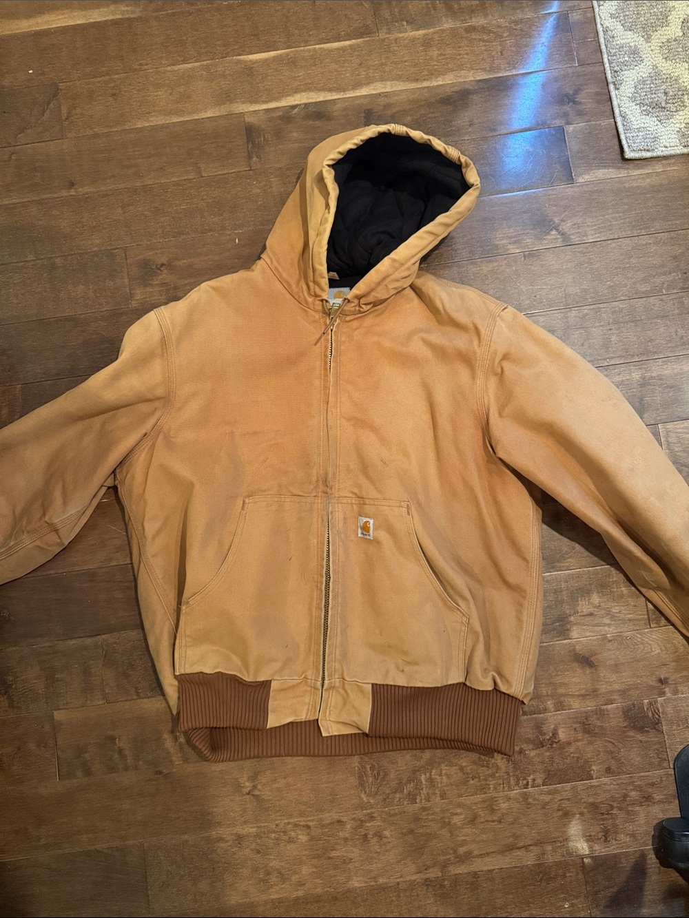 Carhartt Tan Hooded Work Jacket with Black Flannel Lining